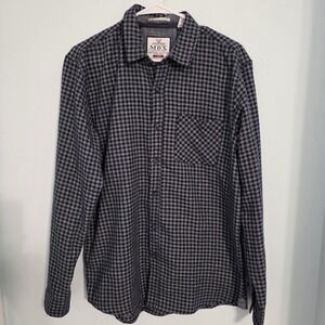 MBX Mens Flannel Shirt Large Navy Blue Grey Checkered Long Sleeve Button Down